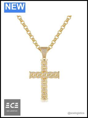 Gold-Plated Cuban Curb Cross Pendant 22-Inch 8mm Chain Necklace